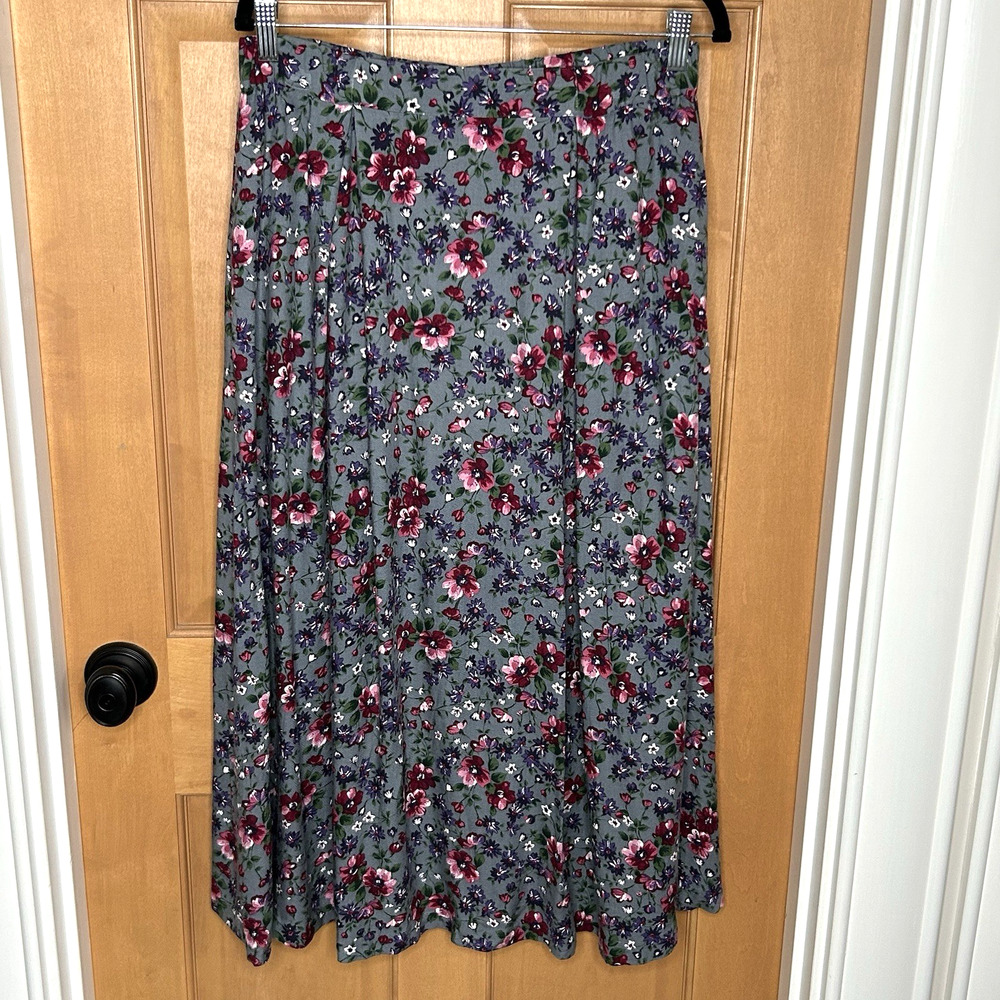 Floral Midi Skirt Vtg 10‎ Ashley Gray Dark Flowers Pleats A Line Pockets Cottage